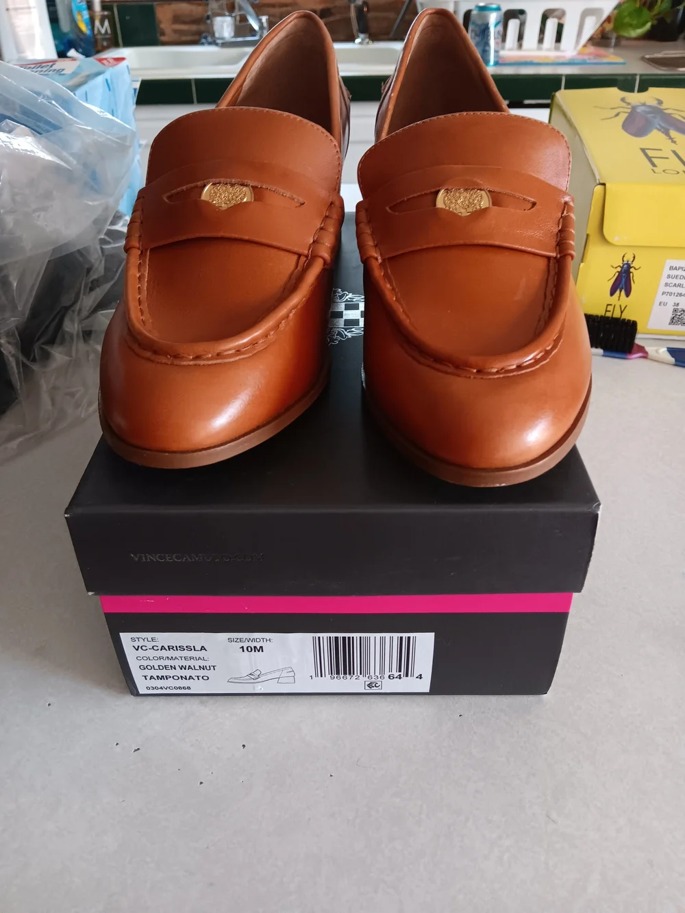 Womens Vince CamutoTan Leather Penny Loafers with Gold Accent Size 10.